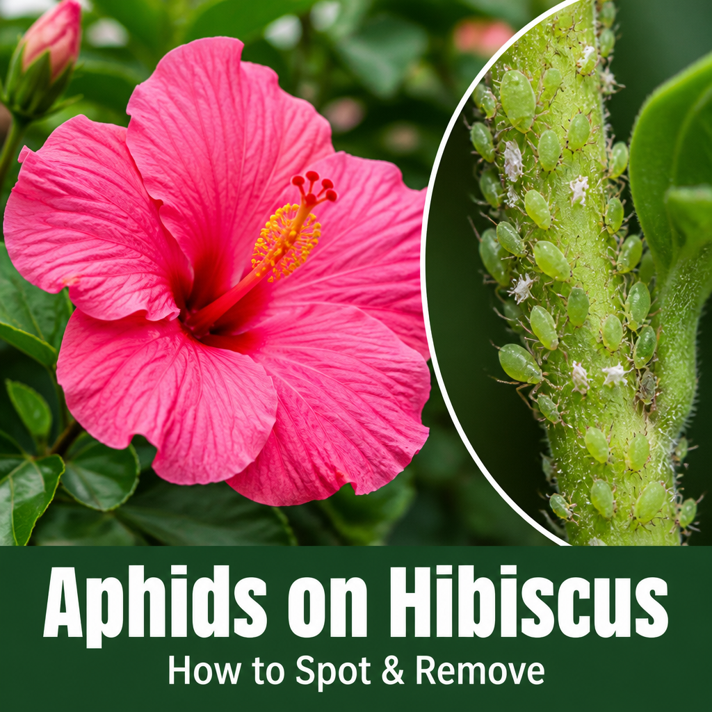 Pink hibiscus flower with circular inset showing aphids clustered on a plant stem