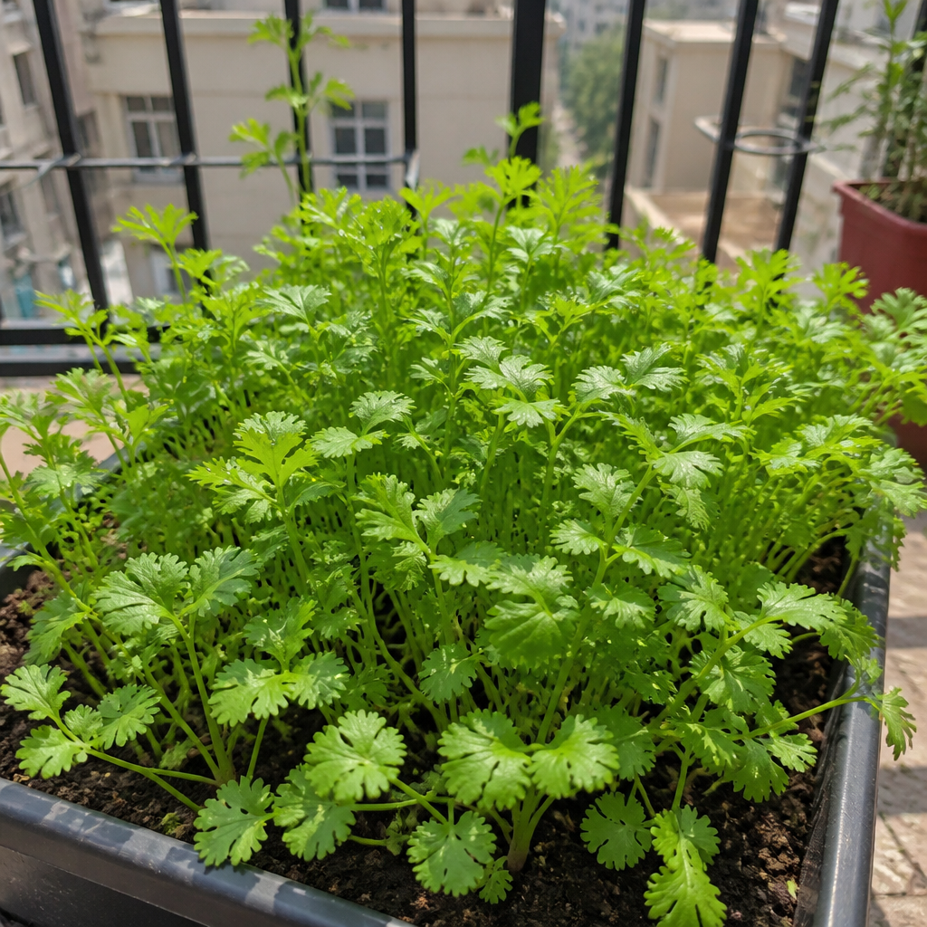 Fresh coriander leaves growing in a shallow pot