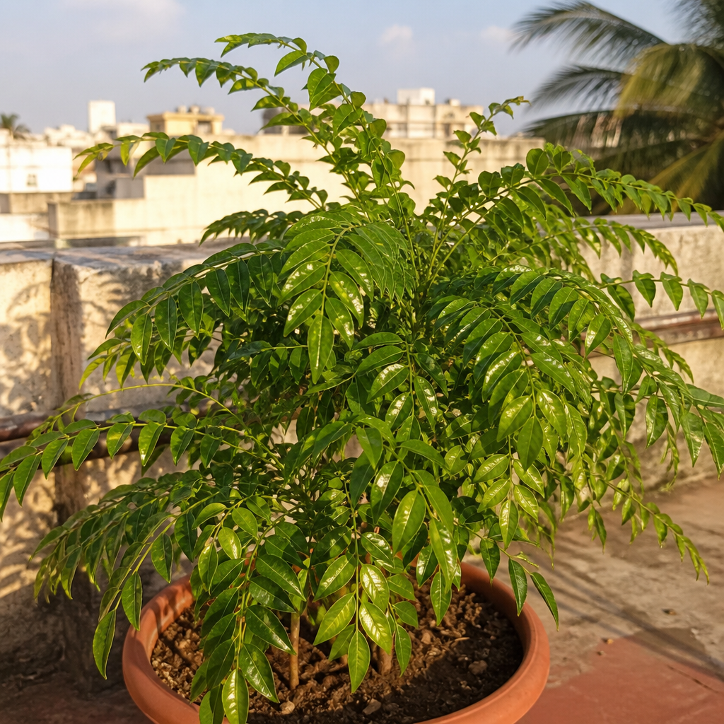 Curry leaf plant in a terrace pot