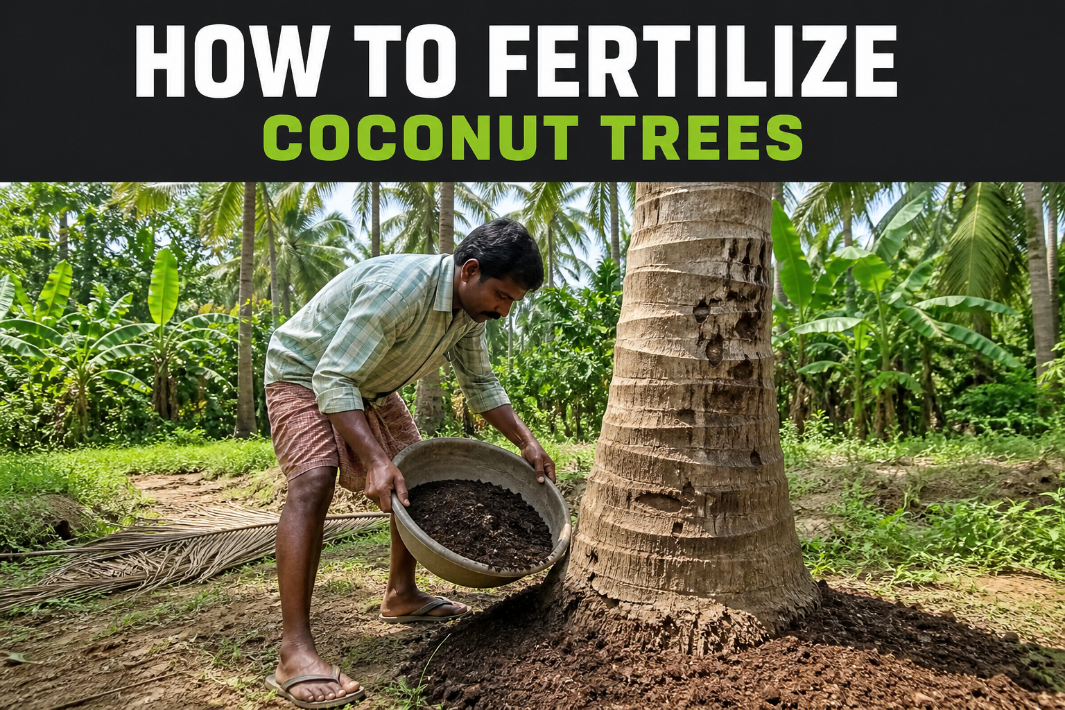 How to fertilize coconut trees — looking up into coconut palm fronds with a shovel and soil illustration