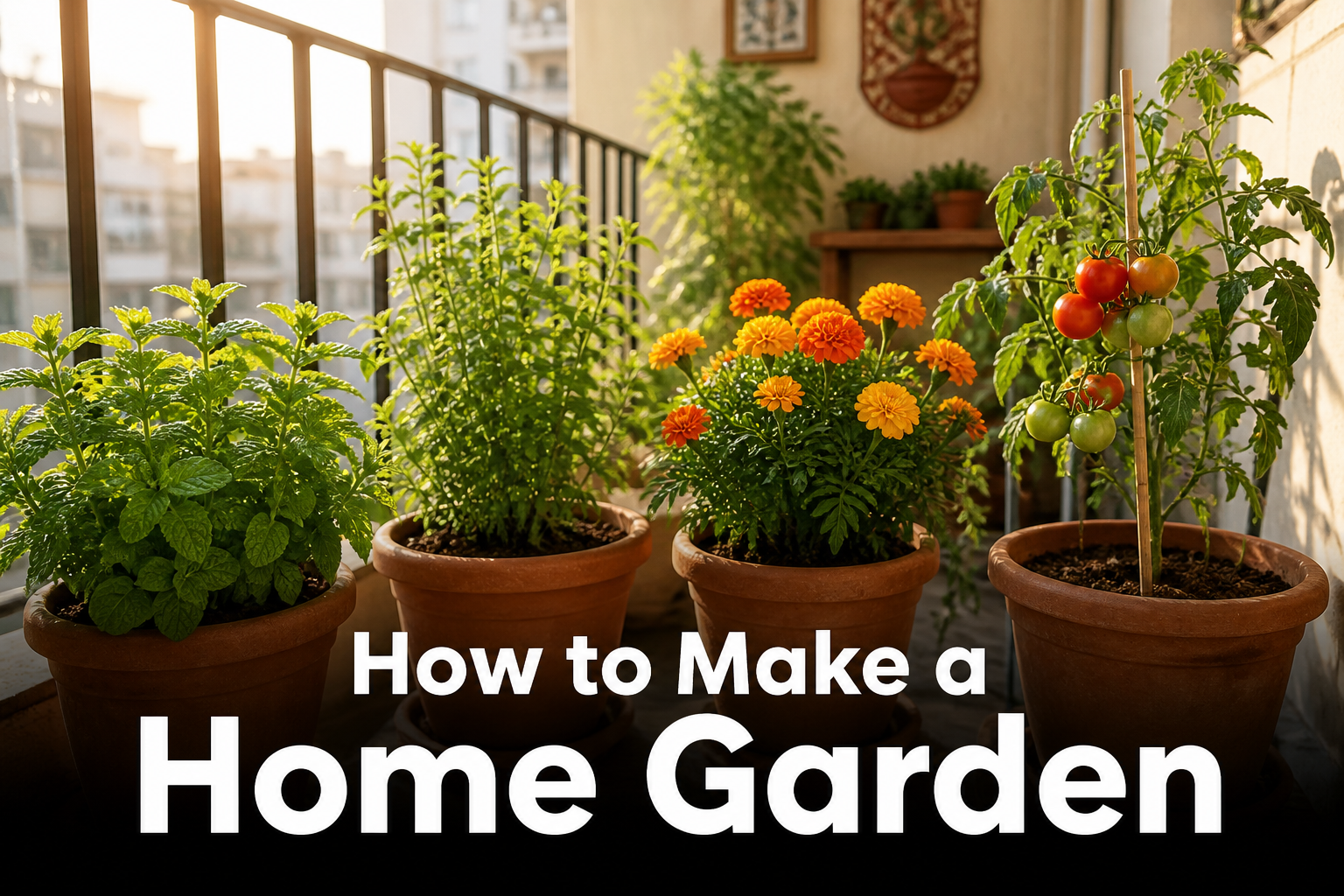 Beginner home garden with potted herbs, flowers, and vegetables on a sunny balcony