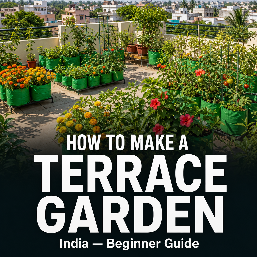 Beginner Indian terrace garden with grow bags and potted plants set up on a sunny rooftop