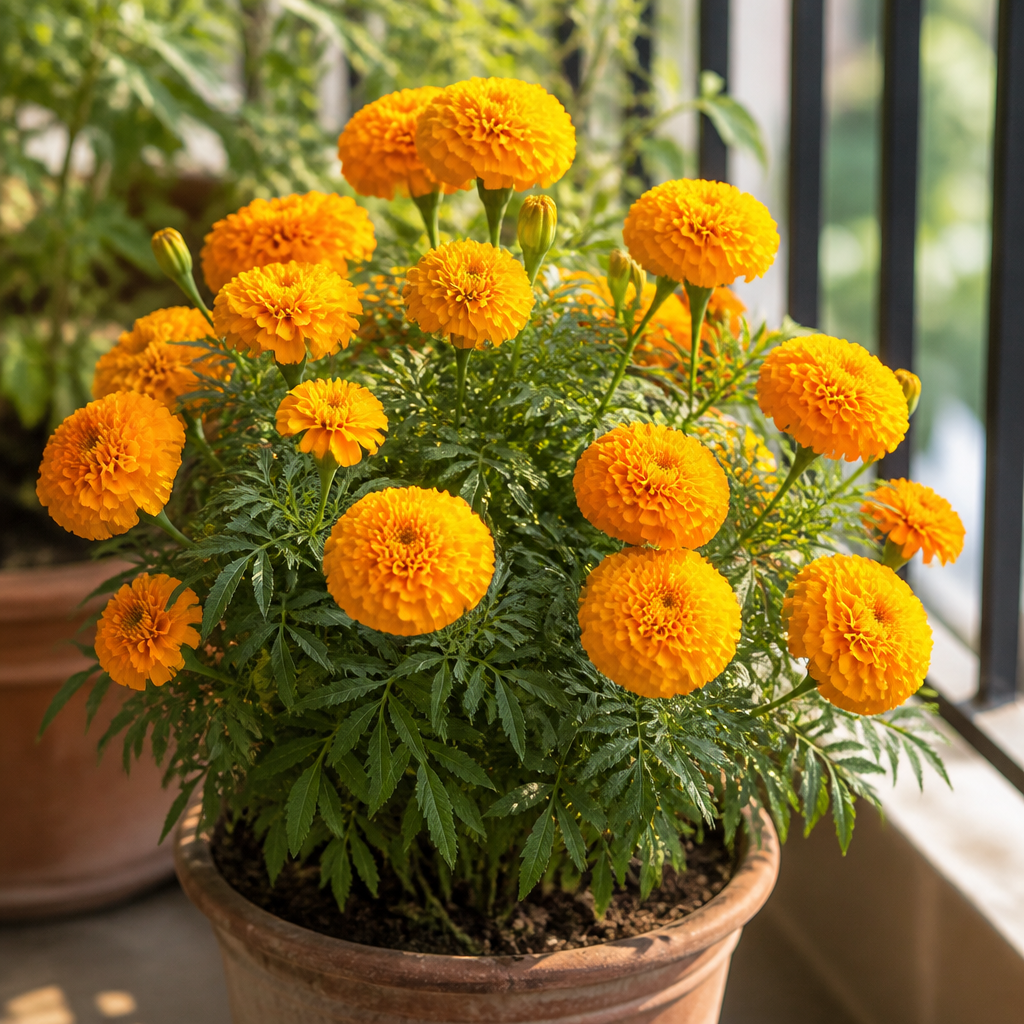 Marigold flowers in a home garden pot