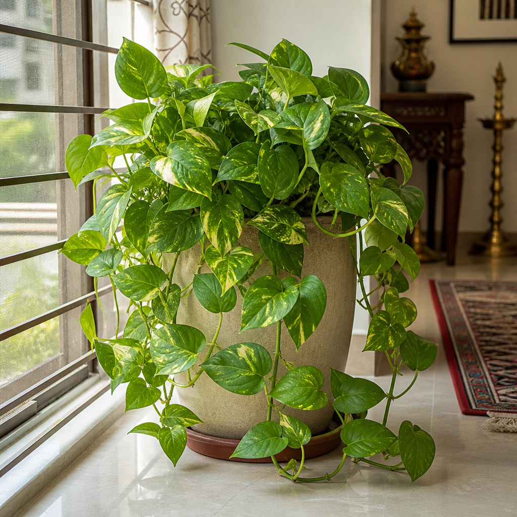 Money plant growing near a sunny window