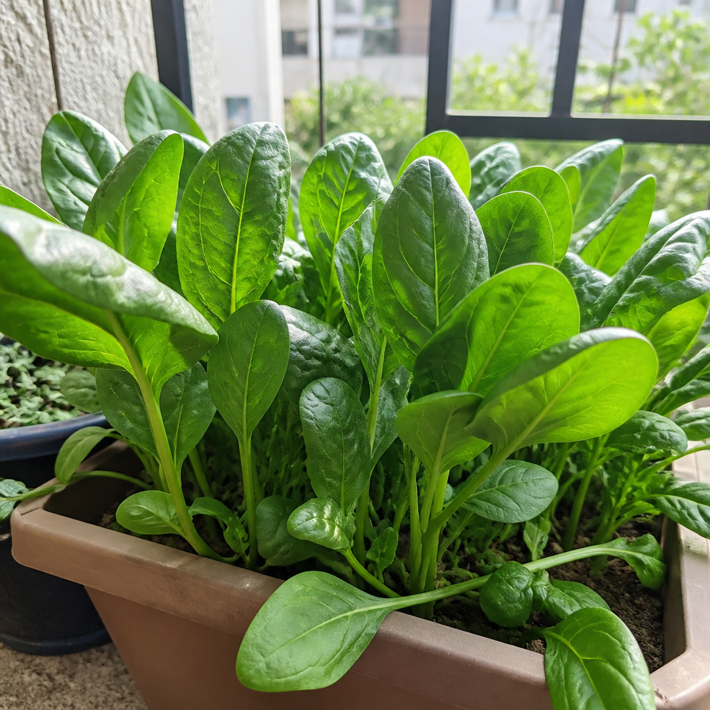 Spinach leaves growing in a container garden