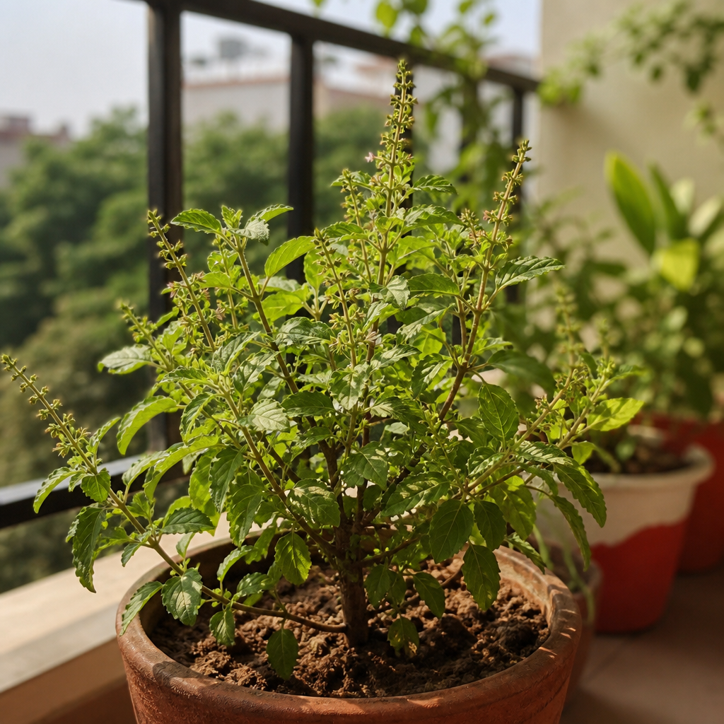Tulsi holy basil plant in a home pot